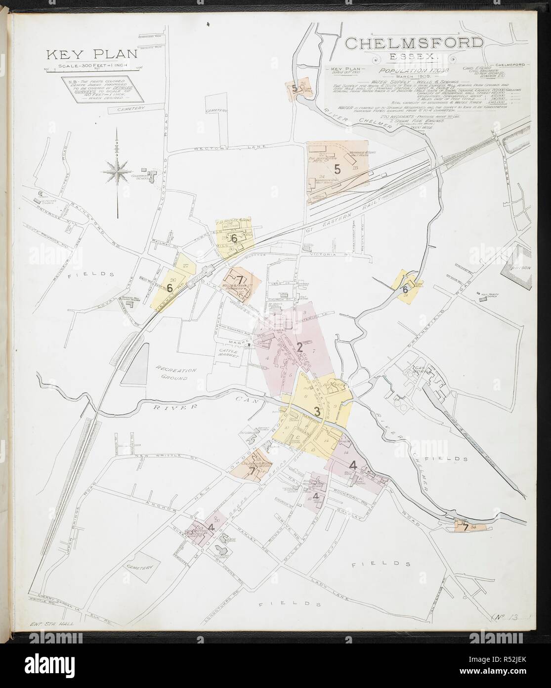 Mappa di Chelmsford Essex. Chelmsford Essex : [incendio piani di assicurazione]. Londra : Chas. E. Pungolo Limited, 1909. 63x54cm.; Scala [1:480]. 40ft = 1 pollici. Fonte: Mappe 149.b.29.(1) foglio 1. Foto Stock