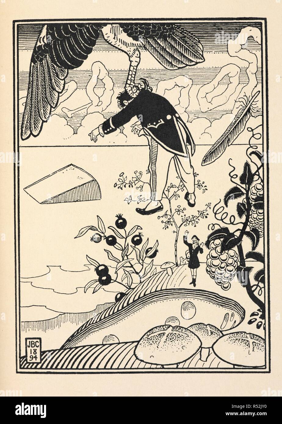 Capitolo XX. '... Il vecchio kingfisher illuminato e cogliendo il nostro capitano, che era stato attivo nel rompere le uova, in uno dei suoi artigli, ha volato con lui al di sopra di un mile high, ...". La sorprendente avventure del barone di Munchausen. Illustrato da William Strang, R.A., e J. B. Clark, con l introduzione di un Thomas Seccombe. Londra; Stampato in Olanda : Medici Society, 1929. Fonte: 012601.l.9 rivolta verso il 132. Autore: STRANG, William. ERNEST RHYS. Foto Stock