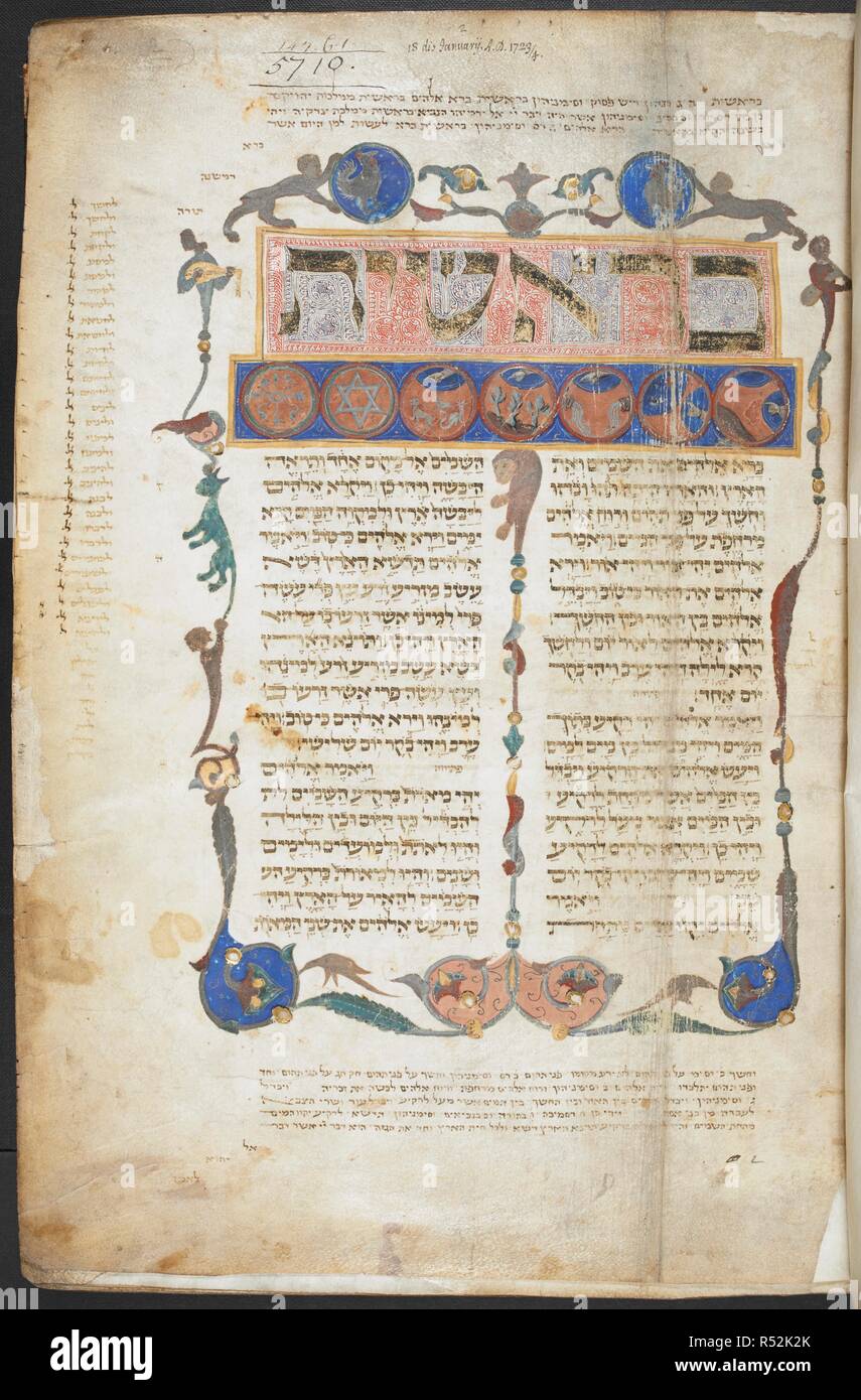 Initial-pannello di parola Bereshit (all'inizio) decorato con penwork, e piena di confine foliate abitata da ibridi, all'inizio del Libro della Genesi. Al di sotto del primo pannello di parola, ci sono sette medaglioni che rappresentano i sette giorni della creazione. La Bibbia con masorah magna e parva. L'Italia, S. (Roma?) o l'Italia, N. (Bologna); ultimo quarto del XIII secolo. Fonte: Harley 5710, f.1. V.o. ebraico. Foto Stock