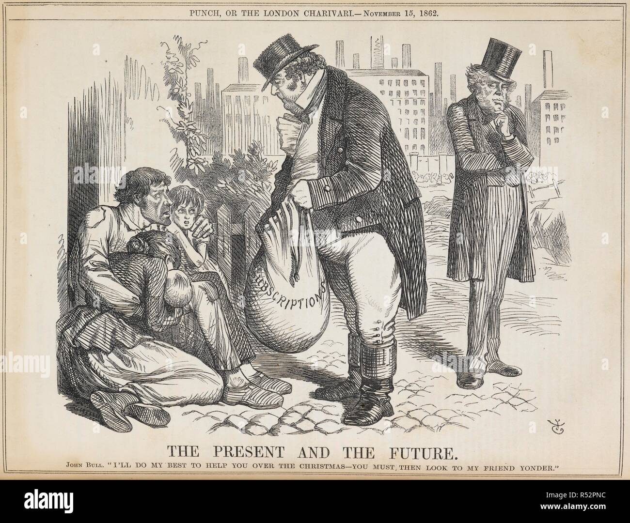 " Il presente e il futuro". John Bull "Farò del mio meglio per aiutarvi durante il Natale - si deve quindi guardare al mio amico yonder'. Il Lancashire carestia di cotone è stato portato da una interruzione di balle di importazioni di cotone causata dalla guerra civile americana. Pubblici e Privati donazioni di beneficenza erano stati messi a sostenere i lavoratori. John Bull mani contribuiscono a un cotone affamati lavoratore e della sua famiglia ma dice che dobbiamo guardare al Governo, qui rappresentata da Palmerston. . Il punzone o la London Charivari. Londra, 15 novembre 1862. Fonte: P.P.2570 pagina 201 volume 43. Foto Stock