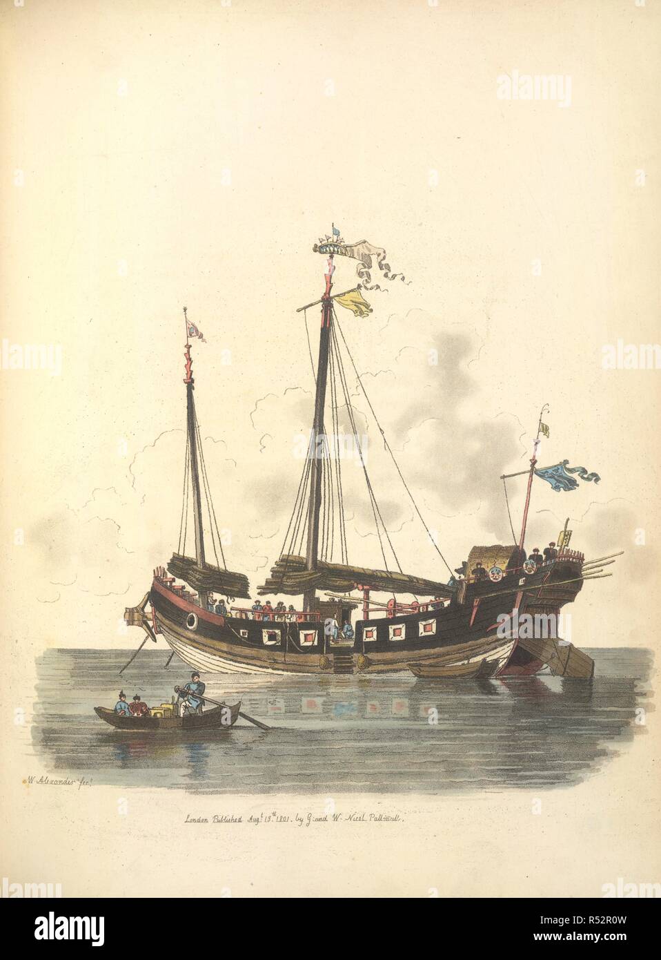 Una nave da guerra. Il Costume di Cina. Illustrato nelle quarantotto c. William Miller: Londra, 1805. Il disegno è di una nave (Pin-gee-na) giacenti in anchor nel fiume, vicino Ning-po. Questi pescherecci sono contenuti molti soldati e stazionavano vicino alla città di principio. Immagine presa dal costume di Cina. Illustrato nelle quarantotto incisioni colorate. Originariamente pubblicato/prodotto in William Miller: Londra, 1805. . Fonte: 455.e.9, la piastra 32. Lingua: Inglese. Foto Stock