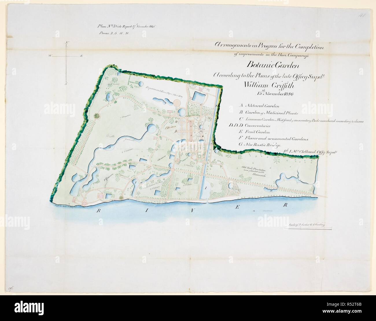 Mappa del Giardino Botanico di Calcutta nel 1843. . Relazione annuale sulla Calcutta Giardini Botanici del 1846. India, 1846. Fonte: F/4/2219 piastra 3. Lingua: Inglese. Foto Stock