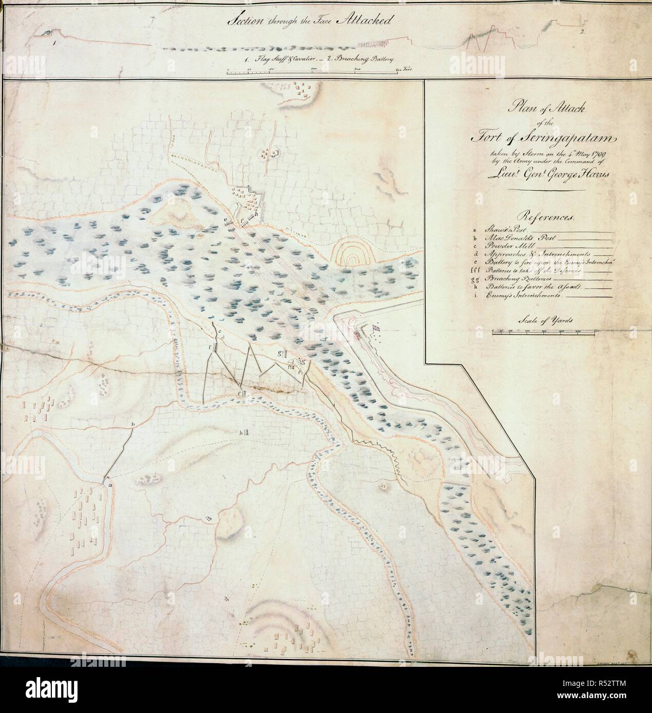 Battaglia di Seringapatam. circa 1799. [Intero piano] il piano di attacco alla fortezza di Seringapatam, presi dalle forze della British East India Company comandato dal Generale George Harris, contro il Sultano Tipu; Generale Arthur Wellesley comandato la riserva, 4 maggio 1799 pubblicato originariamente/prodotto in circa 1799. . Fonte: Aggiungi. 13906 C,. Lingua: Inglese. Foto Stock