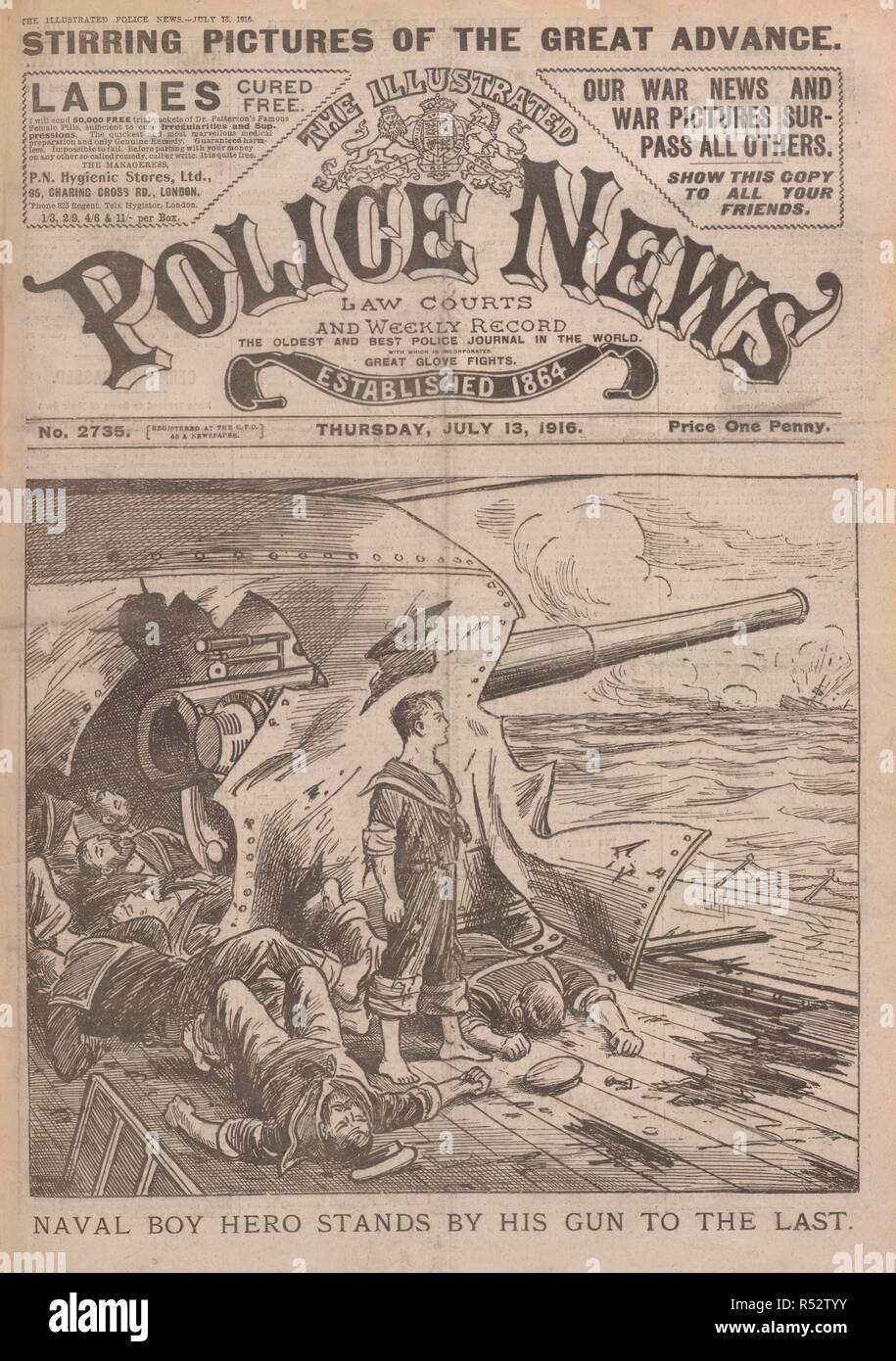 "Naval boy hero si distingue per la sua pistola all'ultimo'. Questo è probabilmente il martinetto Cornovaglia (John Travers Cornwell VC (8 gennaio 1900 â€" 2 giugno 1916). Una classificazione navale, che all'età di 16 postumo è stato premiato con il Victoria Cross per la sua galanteria alla battaglia dello Jutland. Sebbene gravemente feriti, riuscì a torna in posizione eretta e nonostante l'intero equipaggio di pistola intorno a lui morti o feriti, egli rimase in piedi al suo posto per più di quindici minuti fino a quando il sistema HMS Chester si è ritirato dalla azione con una sola pistola principale ancora funzionante. Egli poi è morto in ospedale. La polizia illustrato News. Londra, 1916. Fonte: Ill Foto Stock