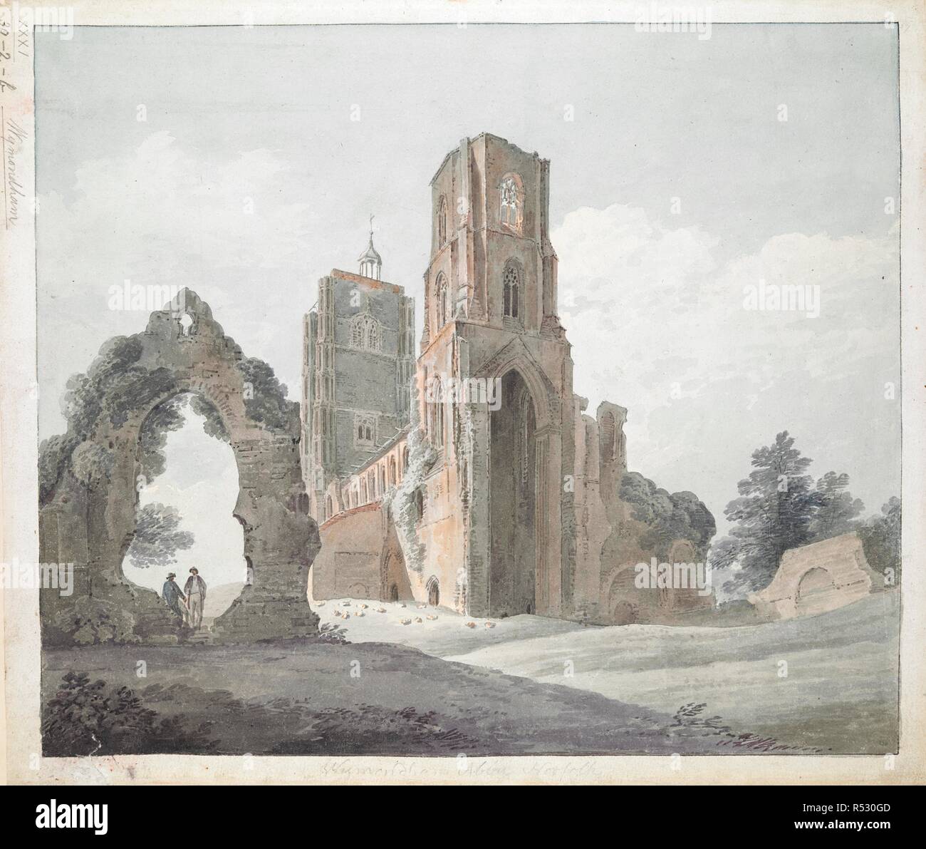 Wymondham Abbey, Norfolk. Una rovina abbazia; due torri nel centro; le figure in piedi sotto un arco sul lato sinistro; alberi in lontananza. Inscritto con titolo in seguito a matita immagine e sul tergo. . Wymondham Abbey, Norfolk. Norfolk, attorno al 1800. 1 disegno : acquerello ; foglio 34,7 x 40,9 cm. Fonte: maps.K.Top.31,39.2.b. Foto Stock