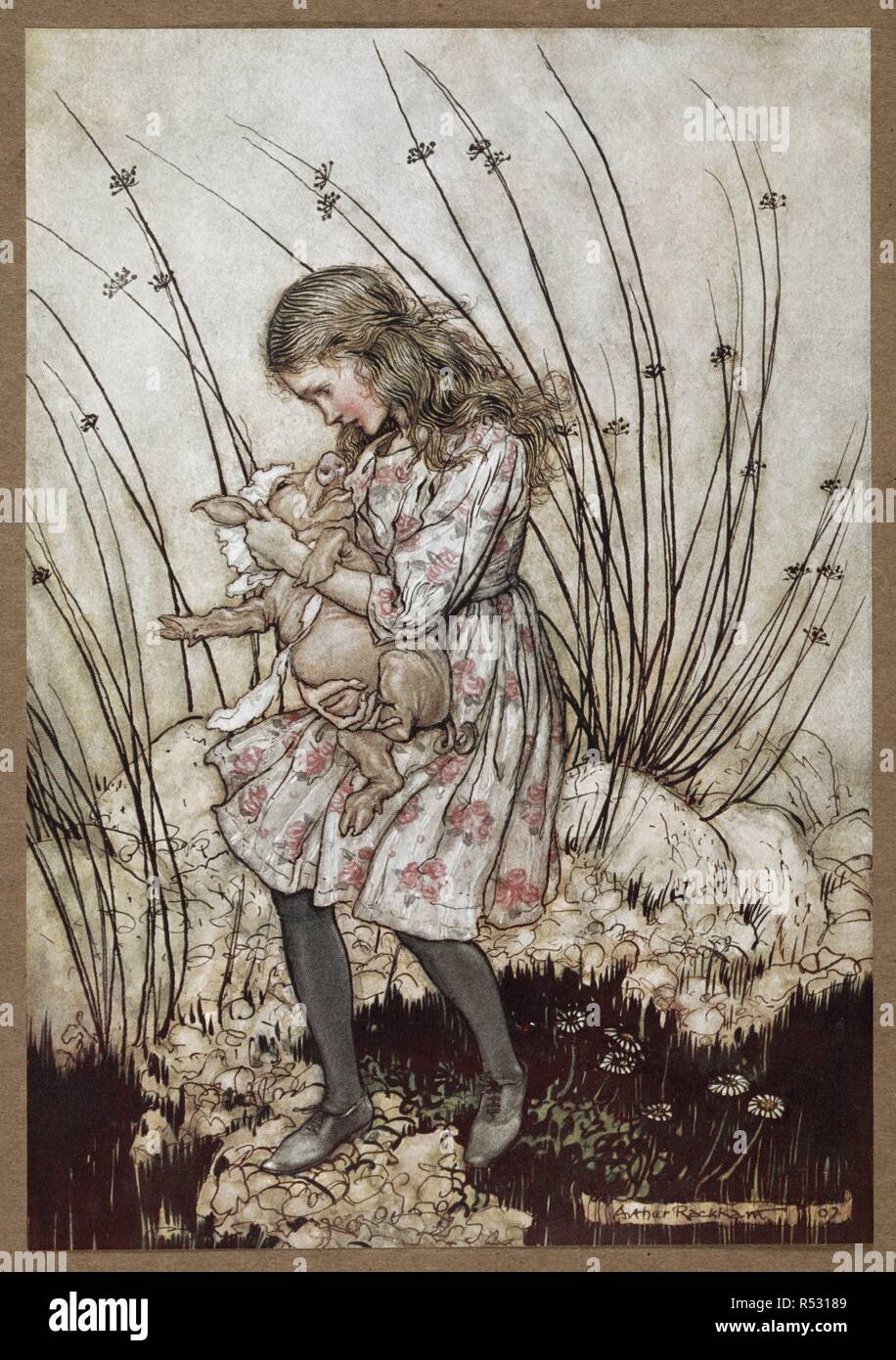 Alice e il maiale vestito come un bambino. Alice nel Paese delle Meraviglie illustrato da Arthur Rackham. Con un proemio di Austin Dobson. L.P.. William Heinemann: Londra; Doubleday, pagina & Co.: New York, [1907]. Esso grunted nuovamente così violentemente che guardava verso il basso nella sua faccia in alcuni allarmi. Fonte: K.T.C.105.b.1. Di fronte a pagina 74. Autore: RACKHAM, Arthur. Carroll, Lewis pseud. [I. e. Charles Lutwidge Dodgson]. Foto Stock