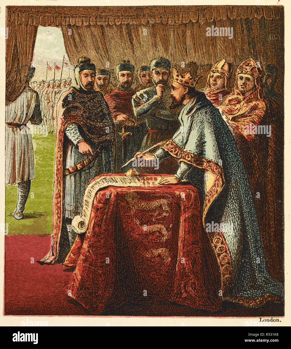 Il re Giovanni e Magna Charta'. Magna Charta, chiamato anche Magna Charta  Libertatum o la Grande carta della libertà di Inghilterra, è una carta  angioina originariamente rilasciato in latino nel giugno 1215.