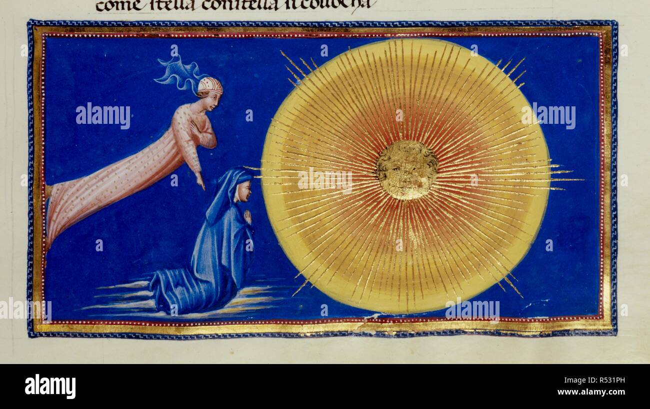 Paradiso. Miniatura di Dante e Beatrice prima della luce. . Dante Alighieri, La Divina Commedia. Italia (Toscana). 1444-C 1450. Fonte: Yates Thompson 36. Foto Stock