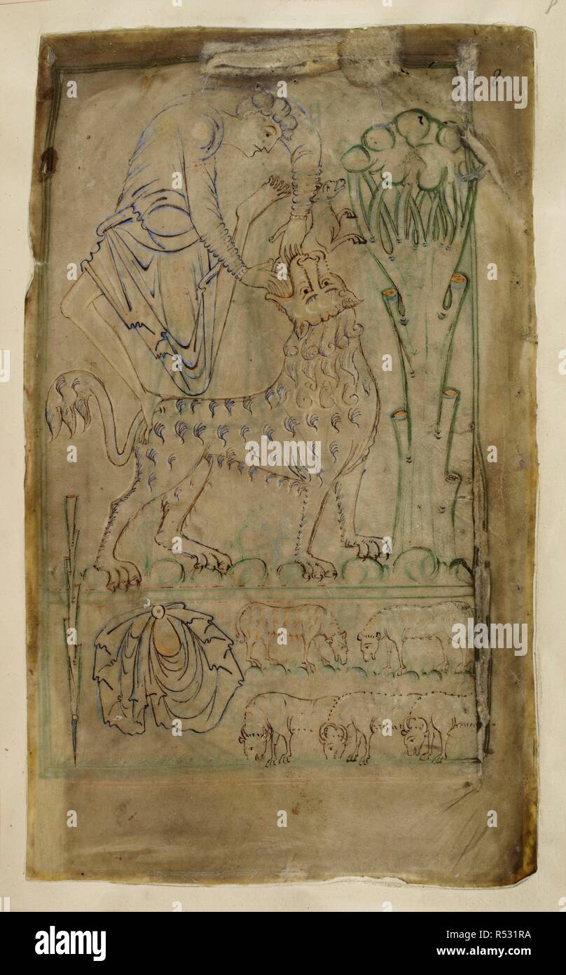 David il salvataggio di un agnello dal Lion. Salterio di Tiberio. Winchester; circa 1050. Fonte: cotone C. Tiberio vi, f.8. Lingue: Latina. Foto Stock