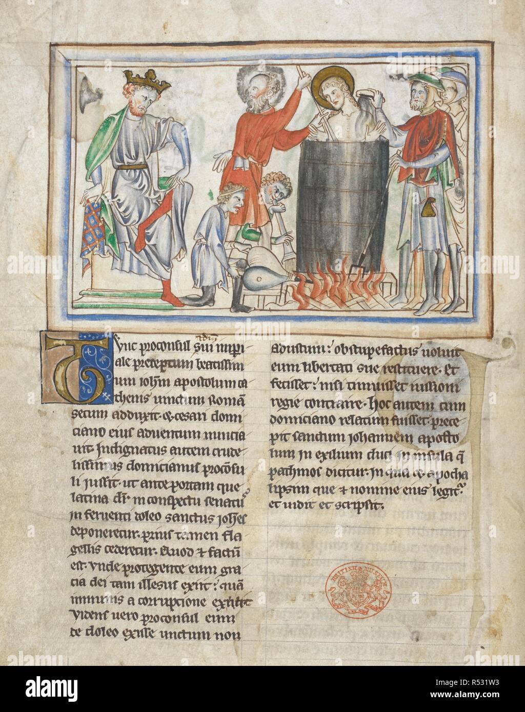 Scene bibliche dell'Apocalisse di San Giovanni. . L'Apocalisse, in latino , intitolata "Incipit textus uisionis primo apocalipsis beati Iohannis apostoli"; con un commento, prego. "Tempus uideliect itidicii.". La fine del XIII secolo. Fonte: Add.35166, f.1v. Lingue: Latina. Foto Stock