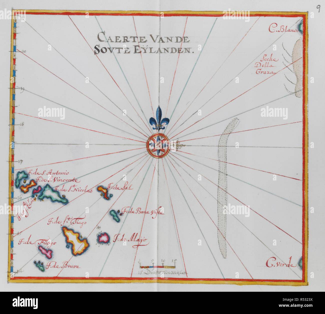 Mappa di Isole di Capo Verde. PORTOLANO OLANDESE, contenente quarantanove mappe colorate e viste. Il XVII secolo. Fonte: Aggiungi. 34184, f.8. Foto Stock