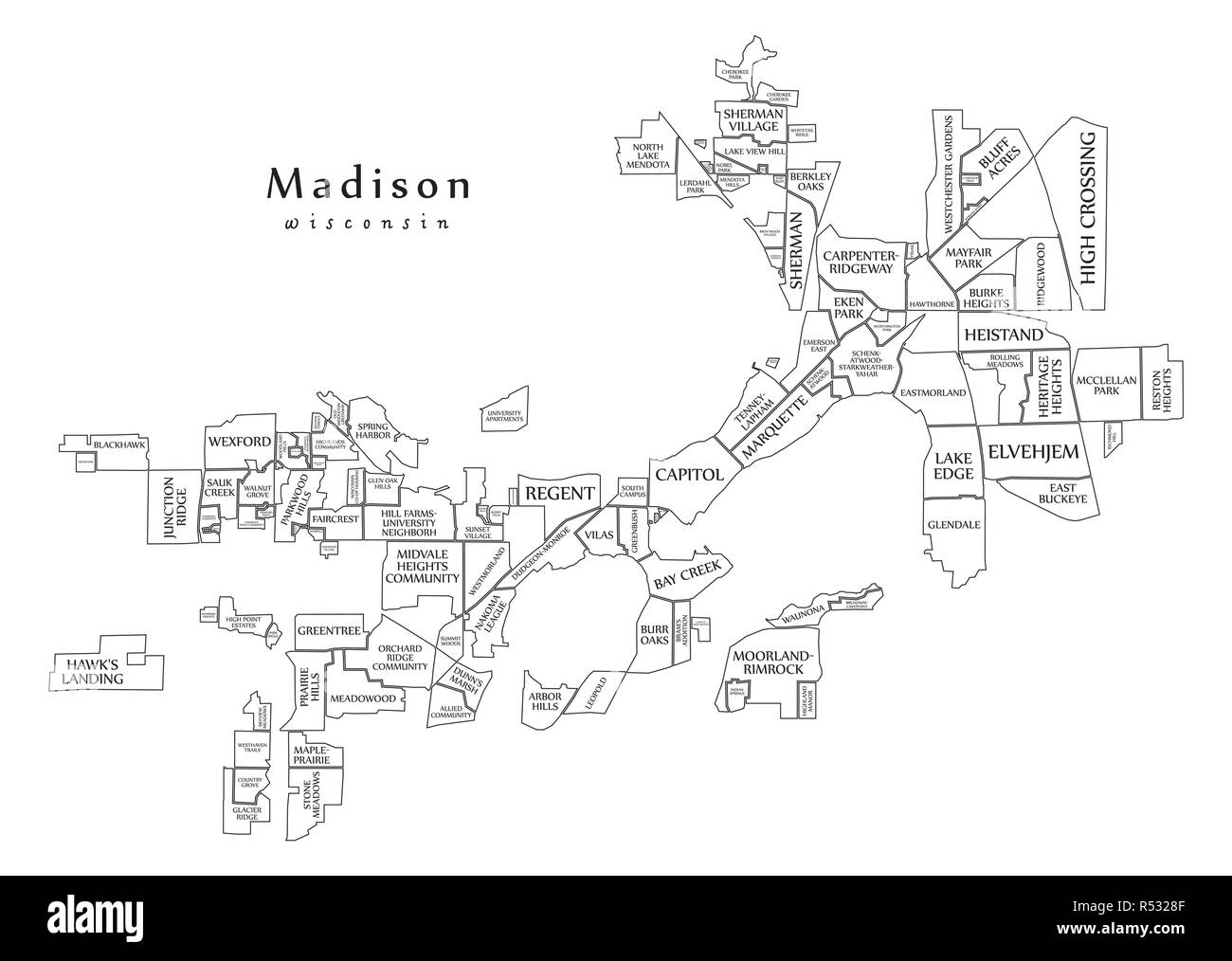 Città moderna mappa - Madison Wisconsin città degli Stati Uniti con i quartieri e i titoli mappa di contorno Illustrazione Vettoriale