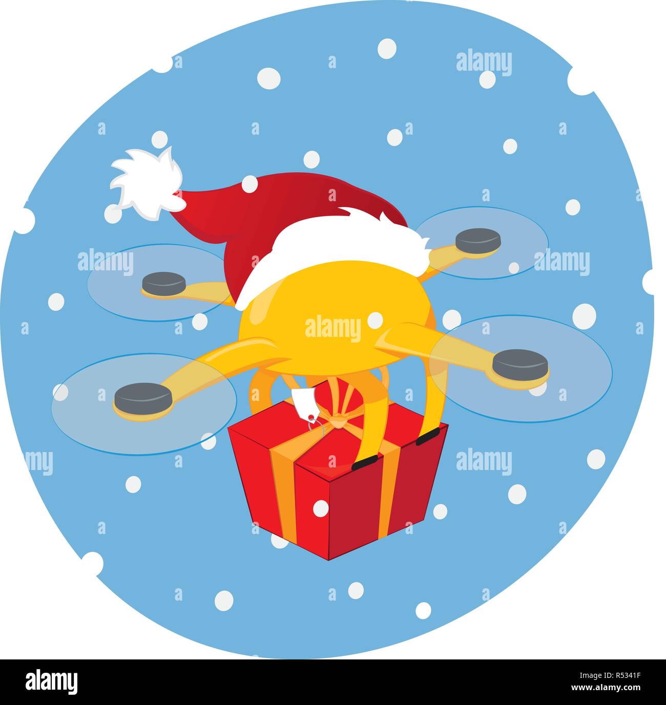 Un vettore cartoon che rappresenta un divertente giallo drone con un cappello da Babbo Natale in volo in un cielo nevoso e la consegna di un regalo di Natale. Spedizione veloce per Cristo Illustrazione Vettoriale