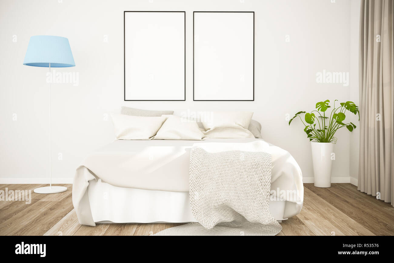 Due poster mockup in una camera da letto scandinavo rendering 3D Foto Stock