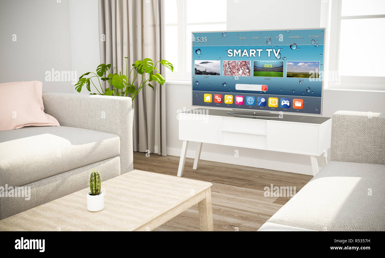 La televisione smart tv scandinavi in interni con divano grigio rendering 3D Foto Stock