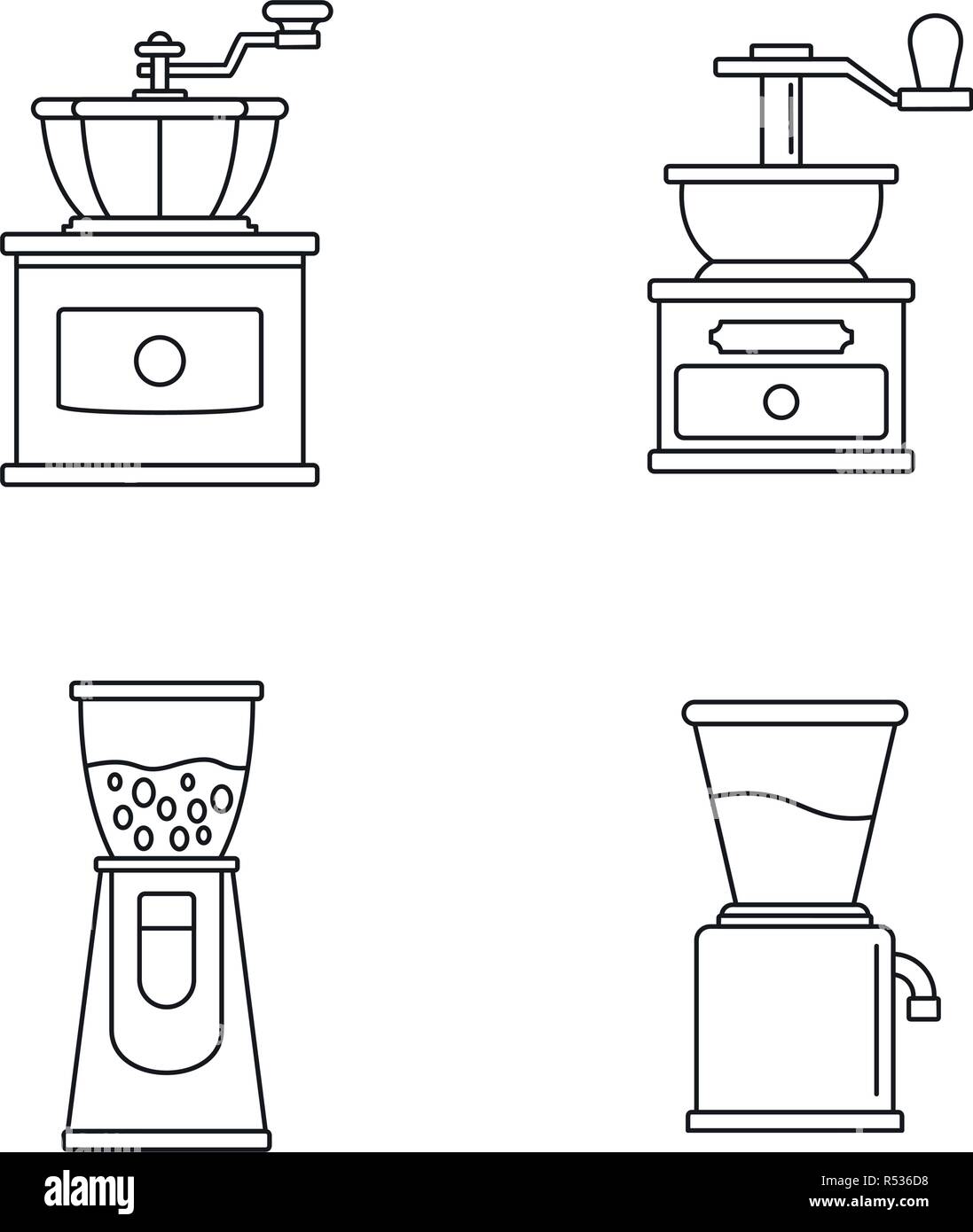 Macinino da caffè apparecchio icon set. Set di contorno del macinino da caffè apparecchio icone vettoriali per il web design isolato su sfondo bianco Illustrazione Vettoriale