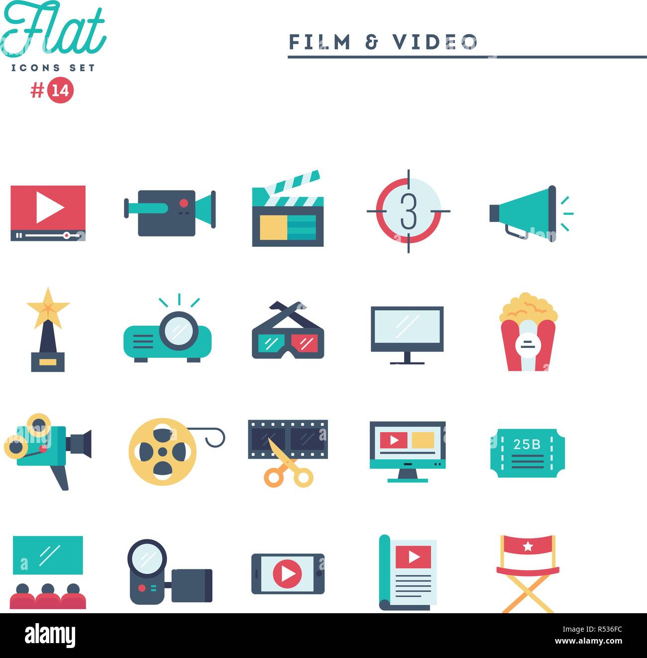 Film, video, riprese, montaggio e più piana e set di icone Illustrazione Vettoriale