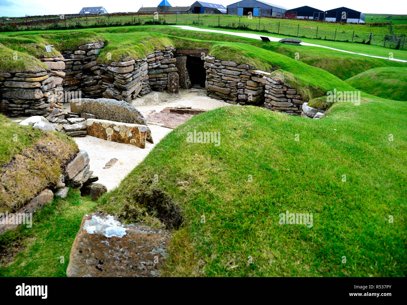 Il sito archeologico di Skara Brae, uno dei più antichi sito Unesco nel Regno Unito. Isole Orcadi Foto Stock