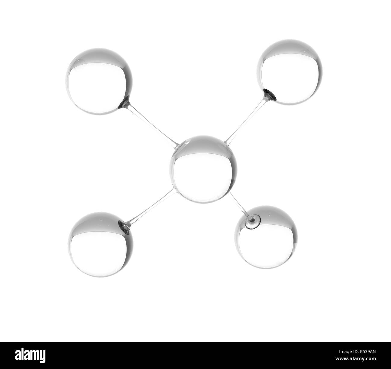 Il rendering 3d'illustrazione. Lucido vetro modello di molecola concetto astratto. Forma molecolare isolati su sfondo bianco. Foto Stock