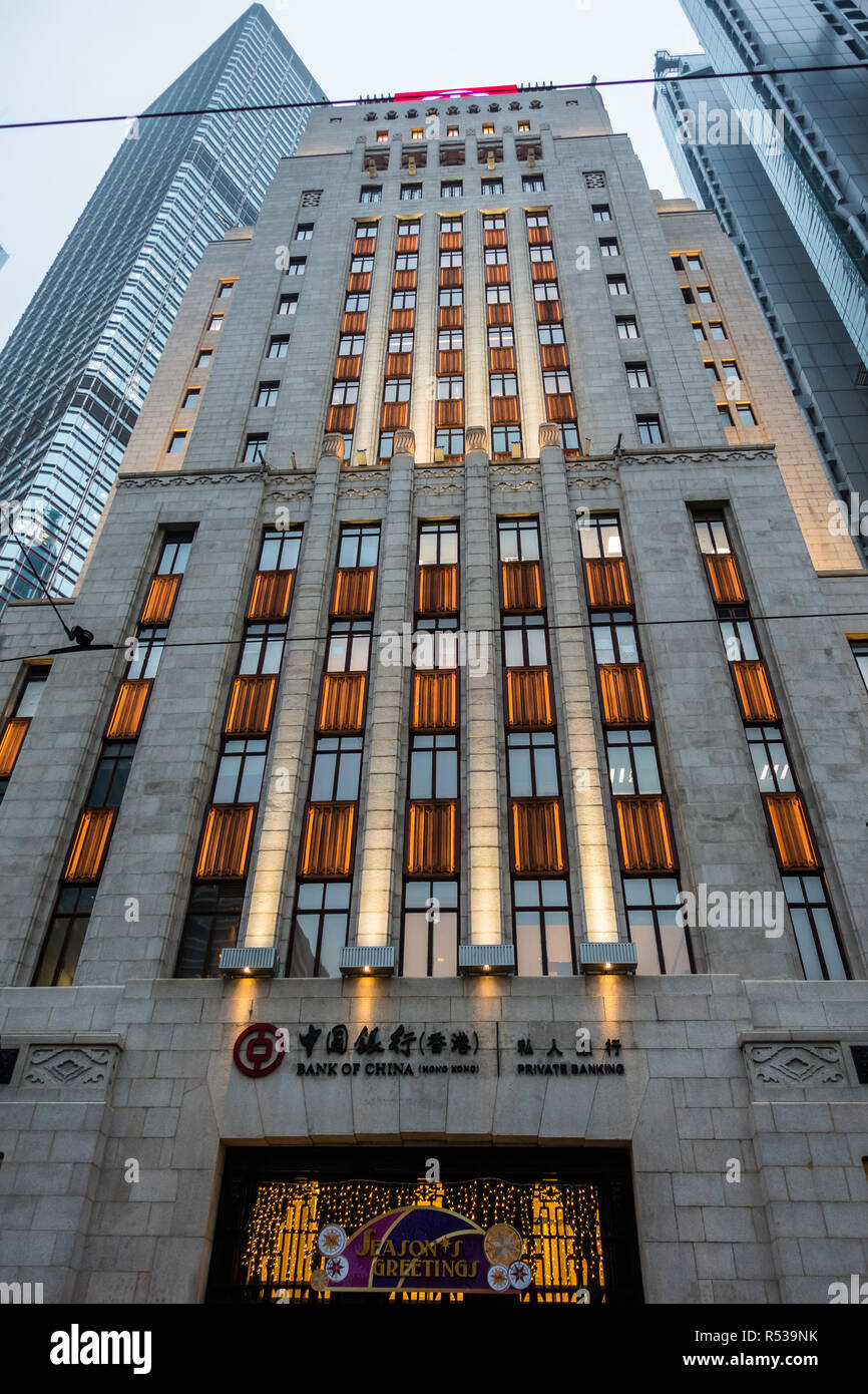 Banca di Cina edificio in Des Voeux Road Central. Hong Kong, Gennaio 2018 Foto Stock