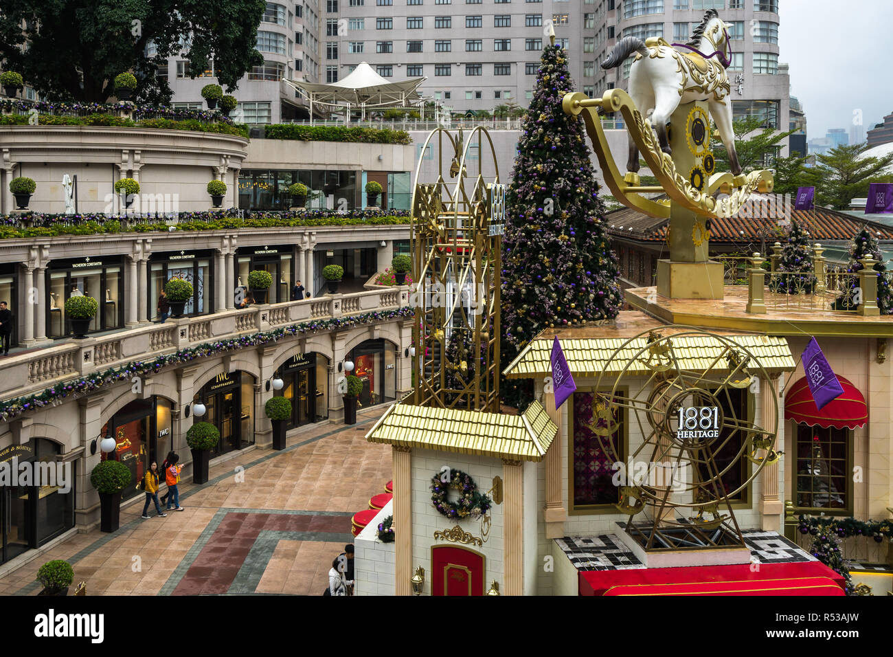 1881 Patrimonio shopping mall decorato per il Natale. Di Hong Kong, Kowloon, Tsim Sha Tsui, Gennaio 2018 Foto Stock