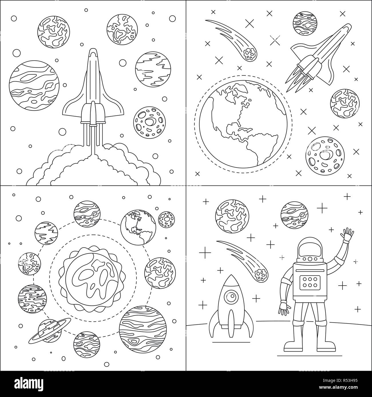 Galassia pianeti banner set. Set di contorno della galassia pianeti vettore banner per il web design Illustrazione Vettoriale