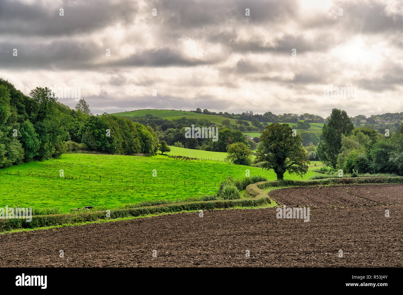 Un rurale scena inglese con un campo arato. Foto Stock