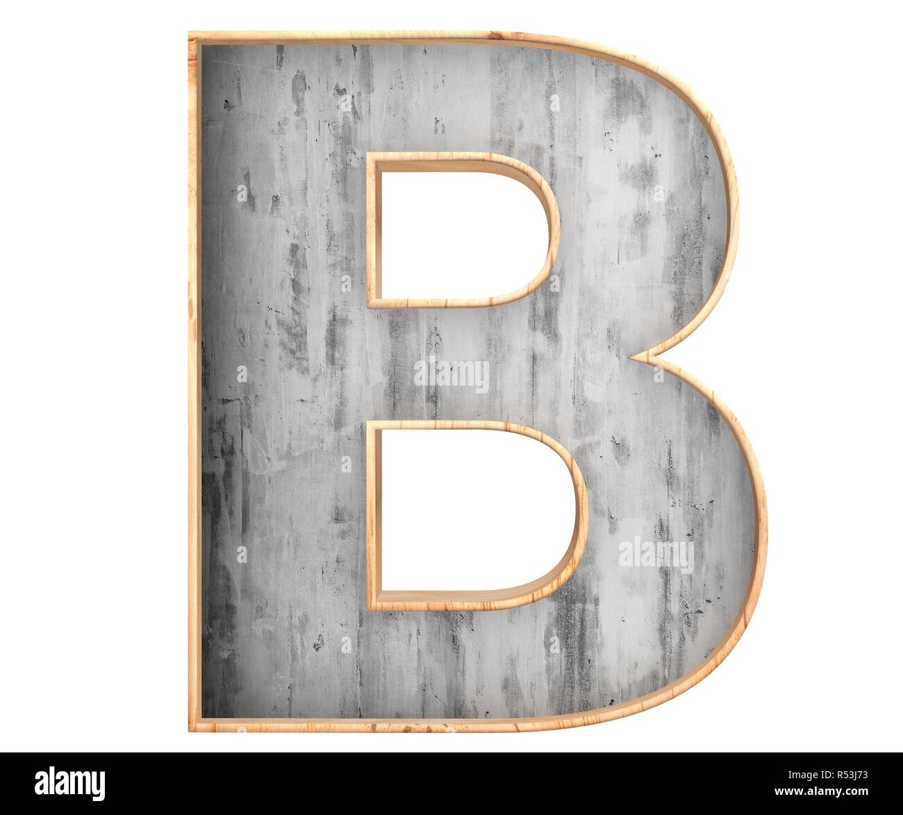 3D calcestruzzo decorativo con bordo in legno alfabeto, lettera B maiuscola Foto Stock