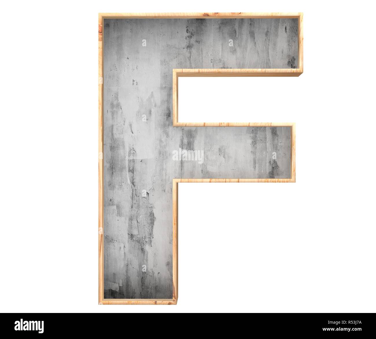 3D calcestruzzo decorativo con bordo in legno alfabeto, lettera F maiuscola Foto Stock