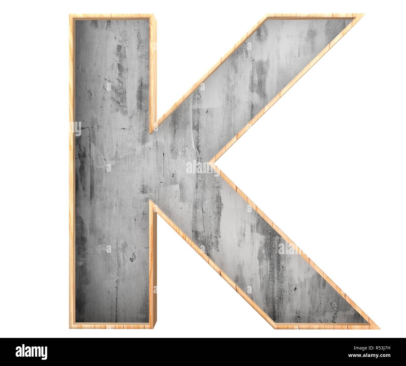 3D calcestruzzo decorativo con bordo in legno alfabeto, lettera maiuscola K Foto Stock
