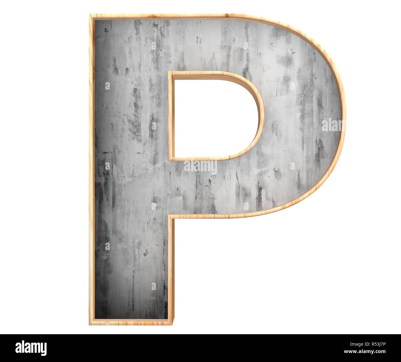 3D calcestruzzo decorativo con bordo in legno alfabeto, lettera maiuscola P Foto Stock