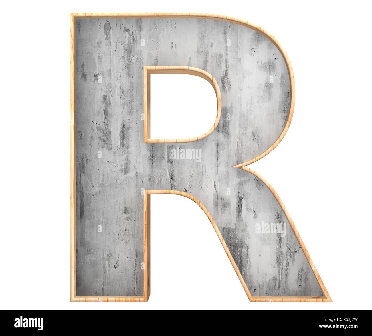 3D calcestruzzo decorativo con bordo in legno alfabeto, lettera maiuscola R Foto Stock