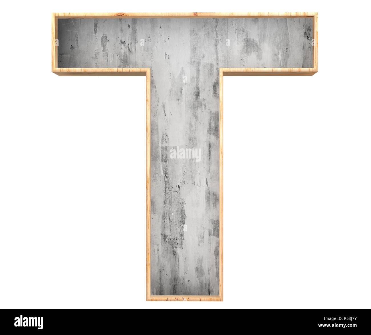 3D calcestruzzo decorativo con bordo in legno alfabeto, T maiuscola Foto Stock