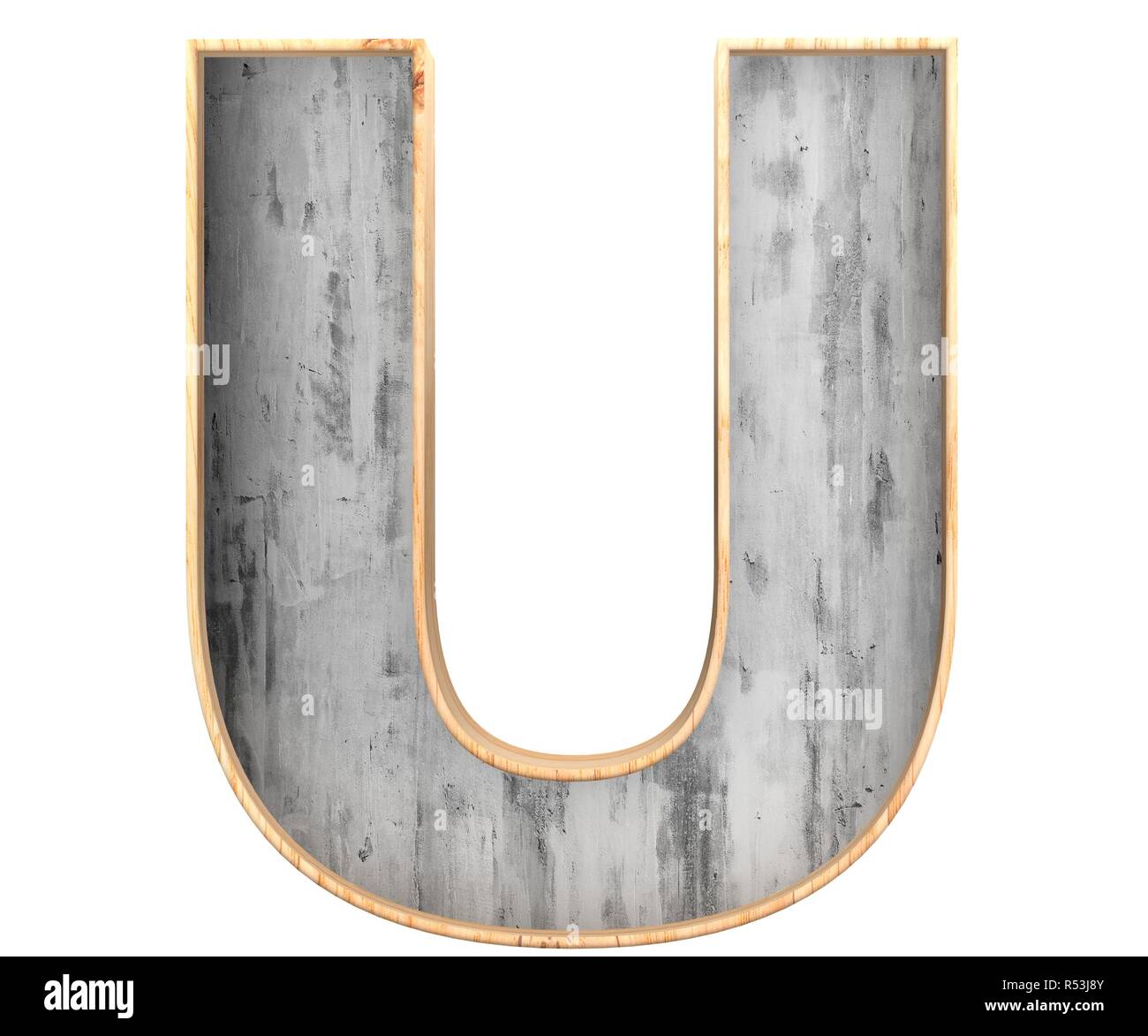 3D calcestruzzo decorativo con bordo in legno alfabeto, lettera maiuscola U Foto Stock