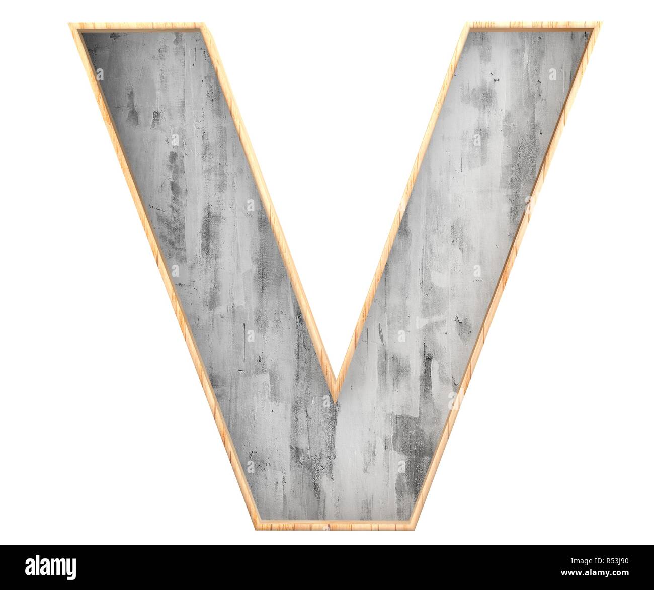 3D calcestruzzo decorativo con bordo in legno alfabeto, lettera maiuscola V Foto Stock