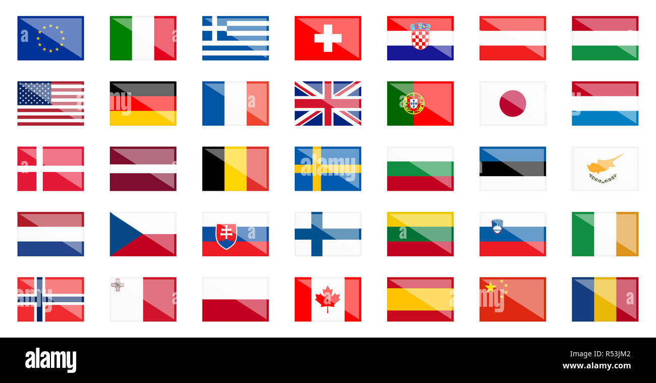 Bandiere di diversi paesi con la riflessione Foto Stock