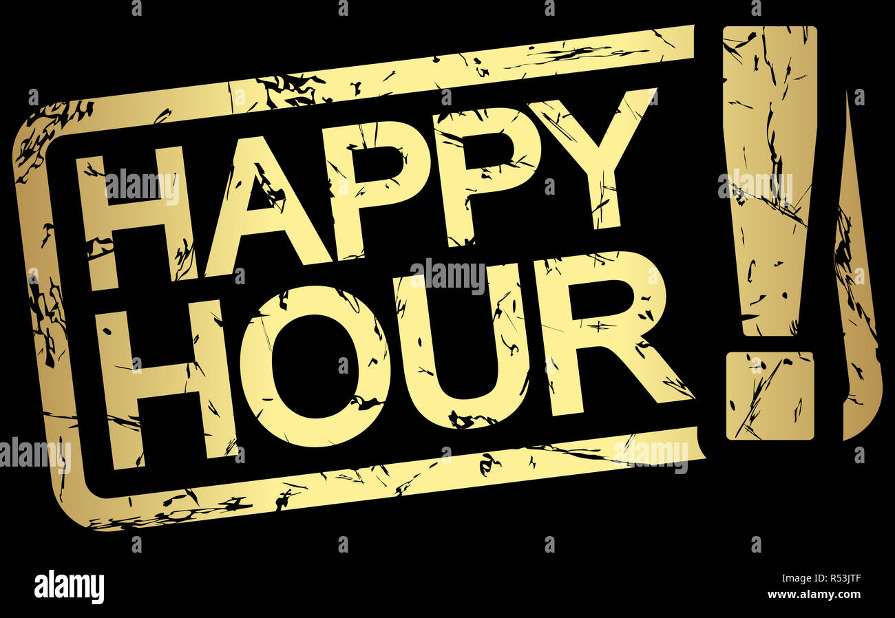 Timbro in oro con testo happy hour Foto Stock