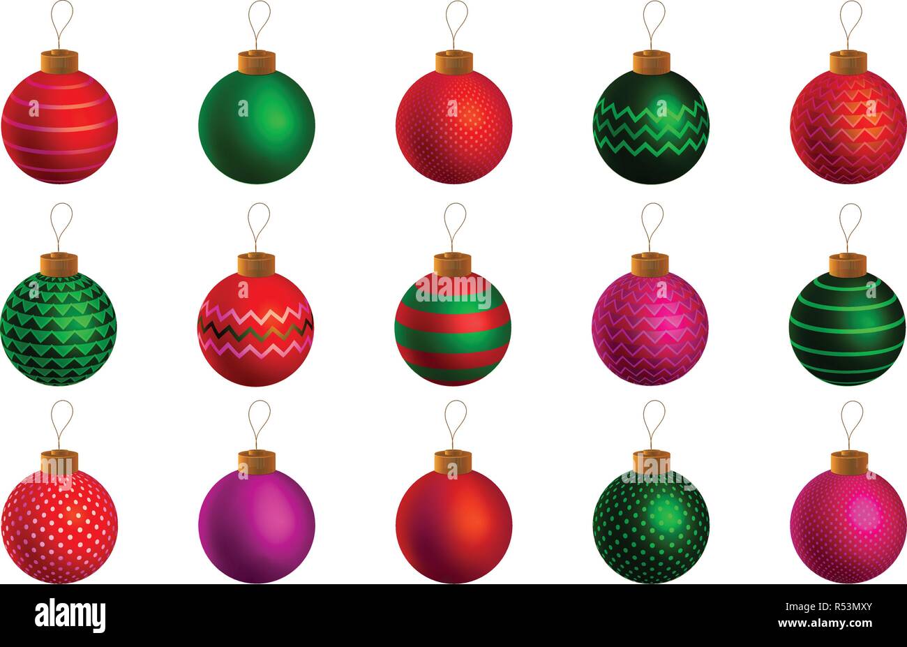 Set di quindici round ornamenti Natale con diverse configurazioni. Illustrazione Vettoriale