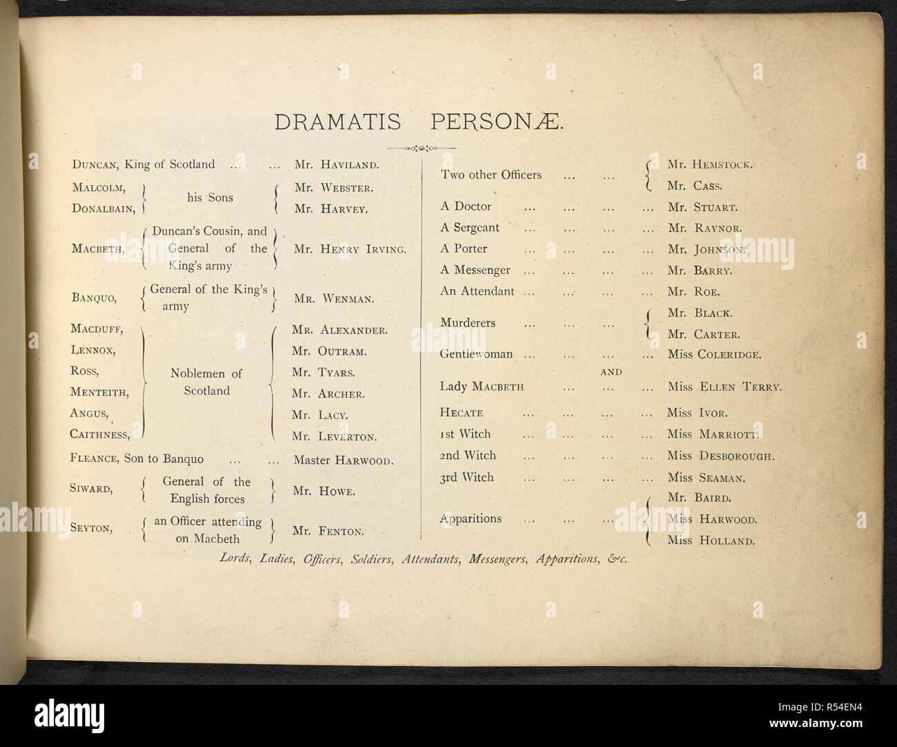 Un elenco di personaggi e attori. Souvenir di Macbeth, prodotta al Lyceum Theatre, da Henry Irving, 29 dicembre, 1888. Londra : Cassell & Co., [1889]. Fonte: 11766.f.27, pagina di indice. Lingua: Inglese. Autore: Shakespeare, William. Foto Stock