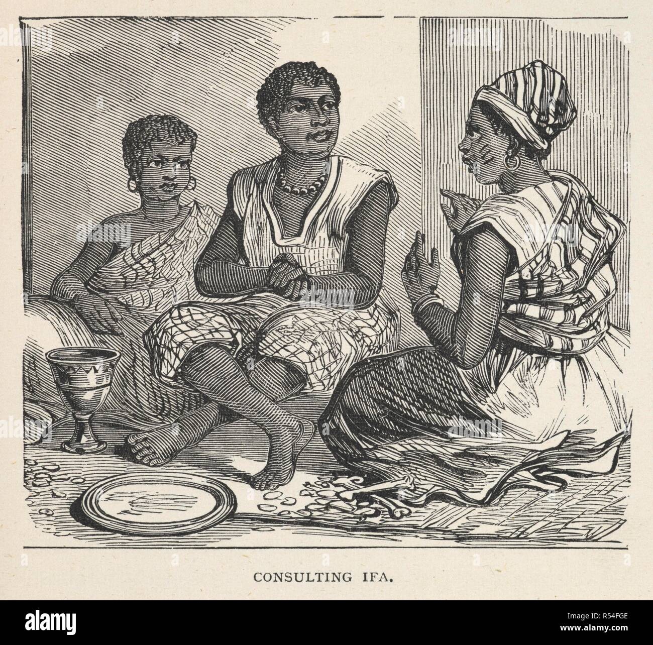Consulting Ifa. Tre donna africana avente una discussione. Charles Andrew Gollmer, la sua vita e il suo impegno missionario in Africa occidentale / compilato dai suoi diari e la Chiesa missionaria della Società Pubblicazioni, mediante il suo figlio più anziano ; con una prefazione di T. Fowell Buxton Esq. ; Con fotografia e ventinove illustrazioni. London : Hodder & Stoughton, 1889. Fonte: 4888.b.64 pagina 39. Foto Stock