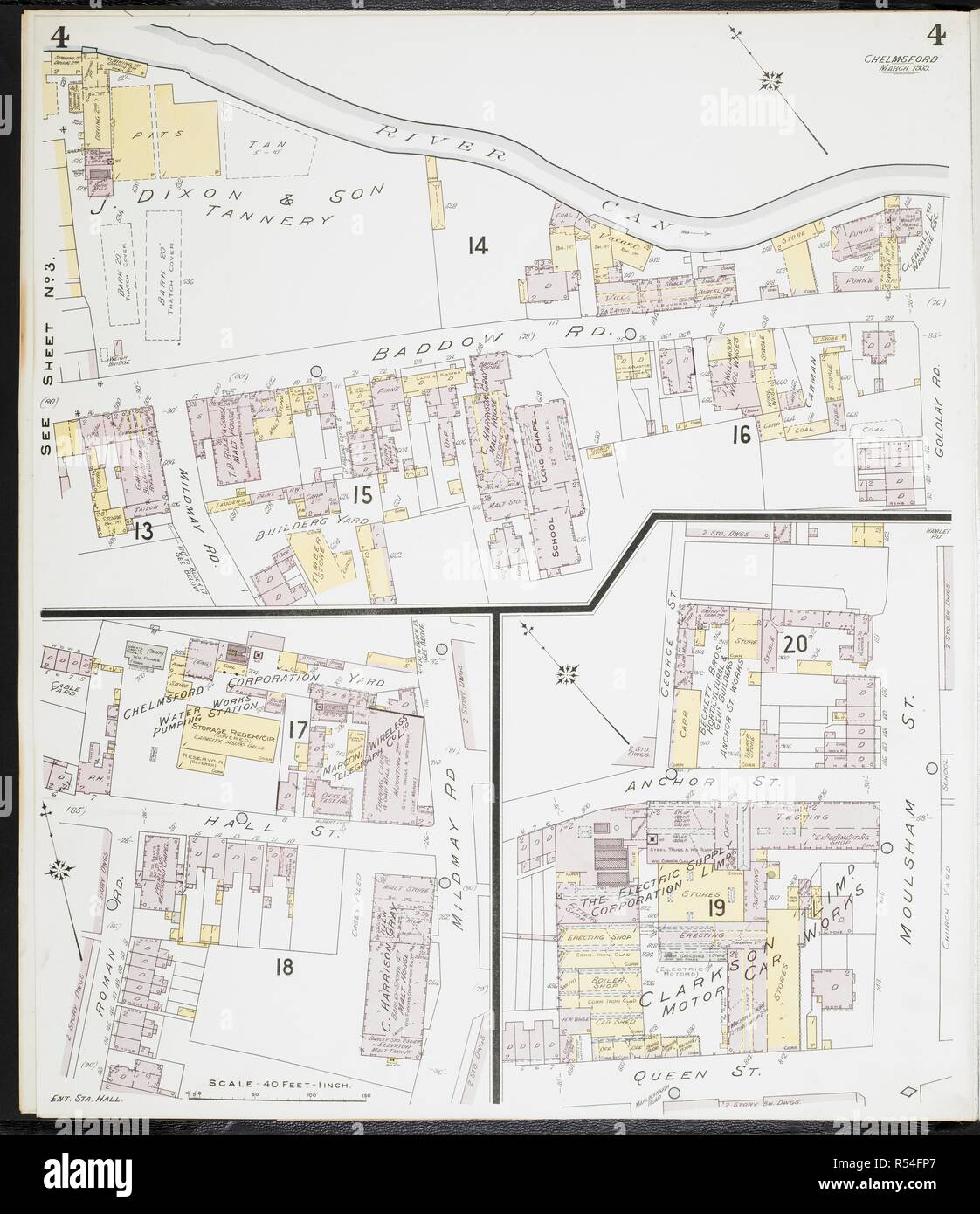 Mappa di Chelmsford Essex. Chelmsford Essex : [incendio piani di assicurazione]. Londra : Chas. E. Pungolo Limited, 1909. 63x54cm.; Scala [1:480]. 40ft = 1 pollici. Fonte: Mappe 149.b.29.(1) foglio 4. Foto Stock