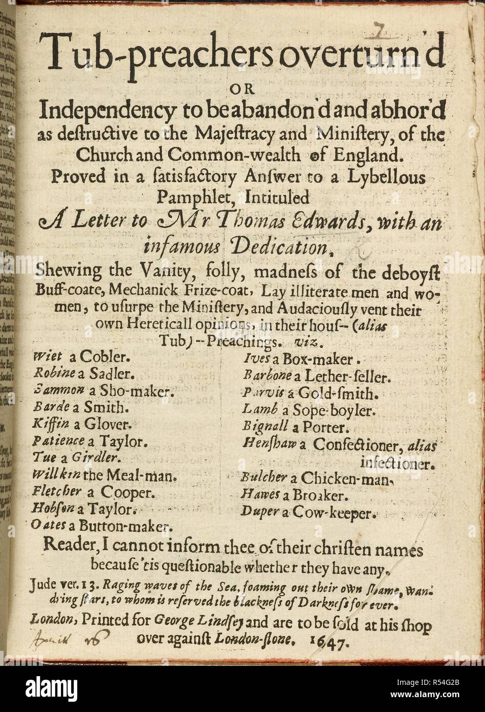 Pagina del titolo di "Vasca-predicatori overturnâ€™d'. Vasca-predicatori overturnâ€™d; o, l'indipendenza da abandonâ€™d e abhorâ€™d come distruttivo per la magistratura e il ministero della Chiesa e del Commonwealth of England: si è rivelata in una risposta soddisfacente a un pamphlet lybellous, intituled una lettera al signor T. E.; con un famigerato dedizione, ecc. Londra, 1647. Fonte: E.384.(7), il titolo della pagina. Lingua: Inglese. Foto Stock