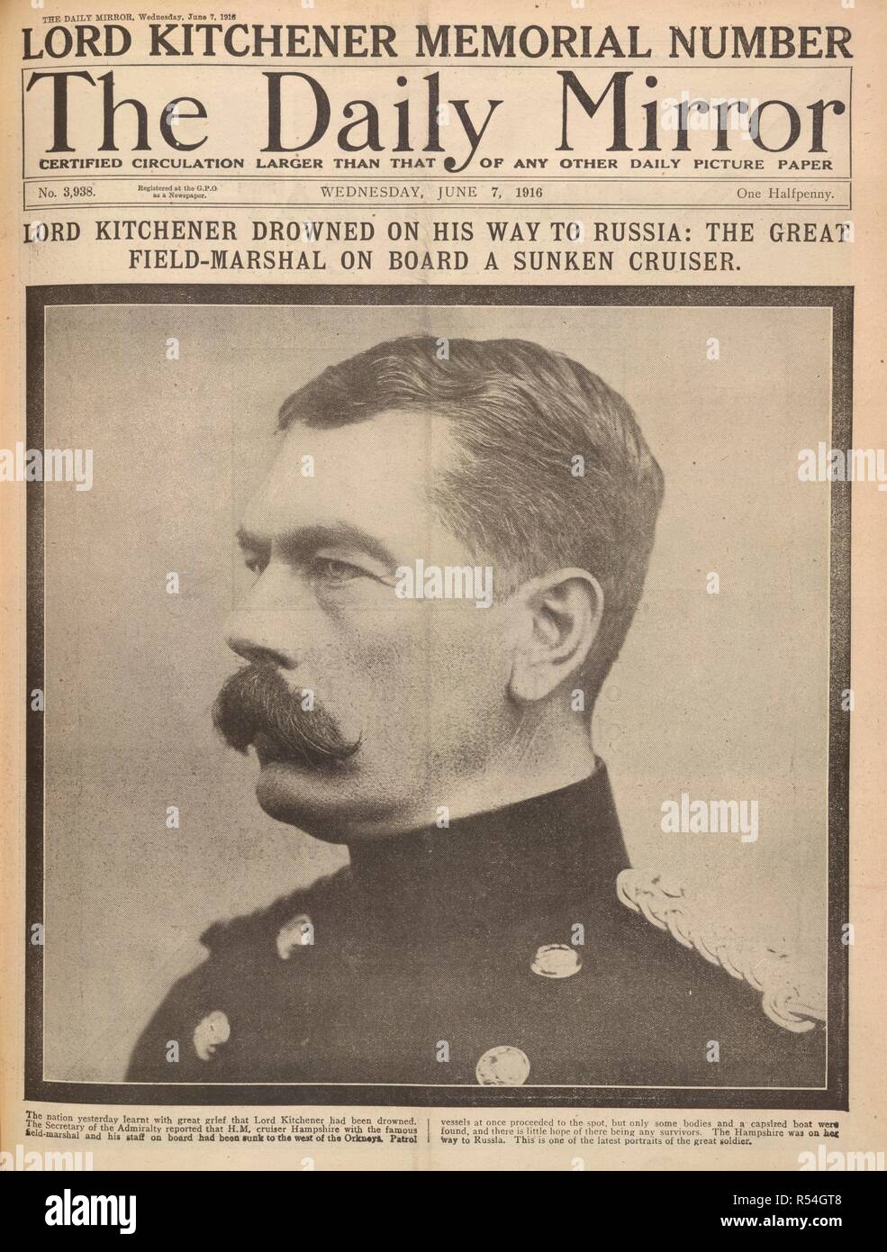 "Lord Kitchener annegato sul suo modo di Russia : Il grande campo-marshal a bordo di un incrociatore affondata". Un report quotidiano durante la Prima Guerra Mondiale. Il Daily Mirror. Signore Kirchener memorial numero. Mercoledì 7 giugno, 1916. Fonte: Daily Mirror. Lingua: Inglese. Foto Stock