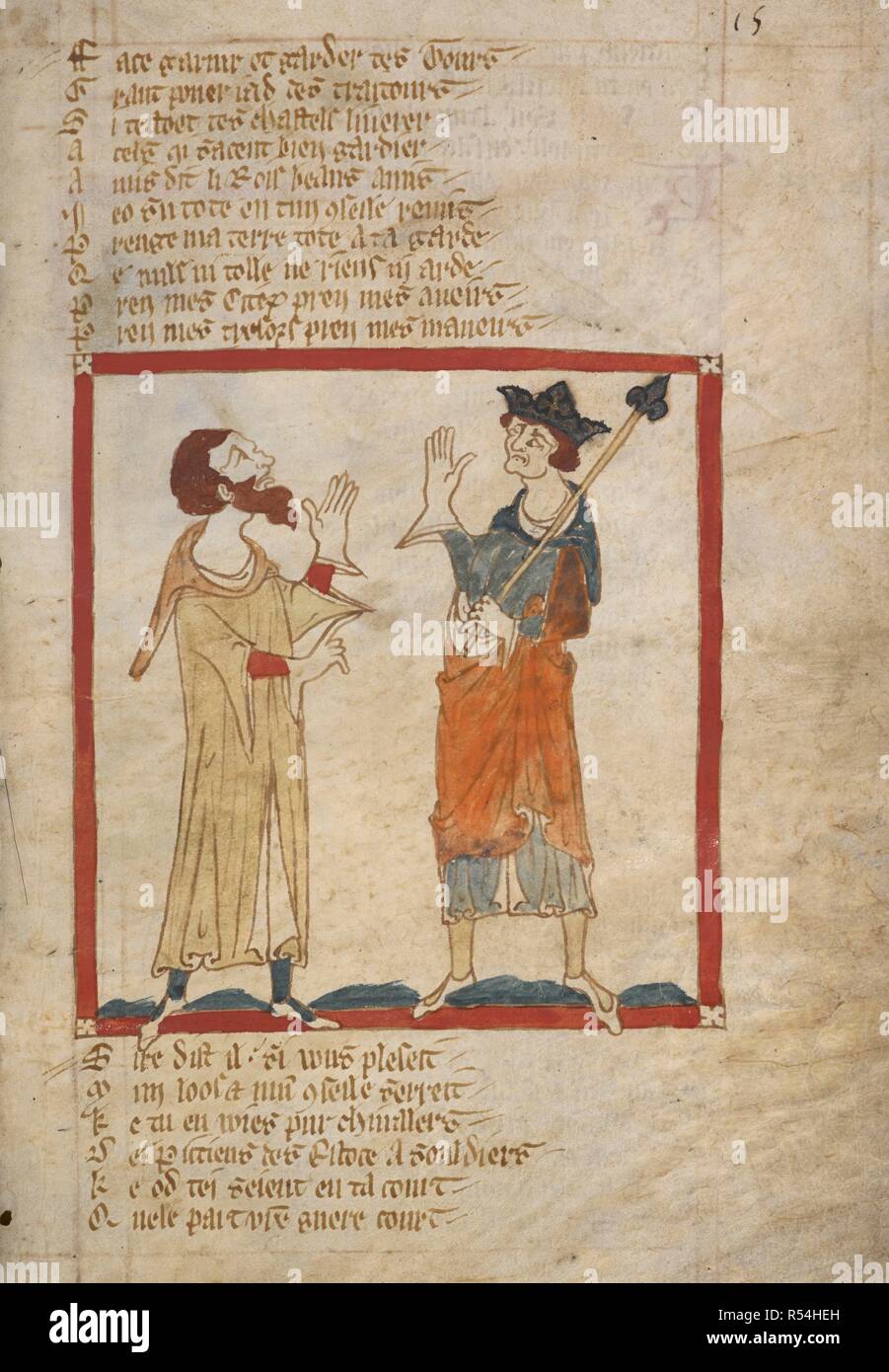 Vortigern dà consigli al re Constans. Romanzi in francese versetto ... Il XIV secolo. Fonte: Egerton 3028 f.15. Autore: Wace, Canon di Bayeux. Foto Stock