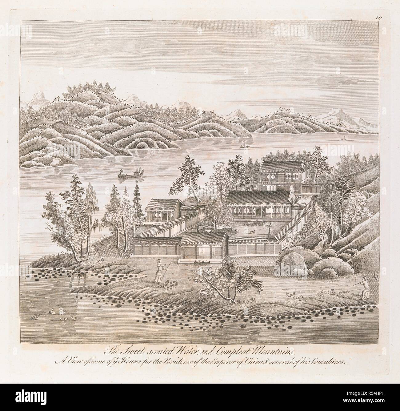 Una vista di un lago o di un fiume con cortile edifici circondati da alberi e colline basse, con scuri piante ovale o pietre in acqua in primo piano e un paesaggio roccioso in background. Il dolce acqua profumata e Compleat montagne : una vista di alcune case y.e per la Residenza dell'Imperatore della Cina, e molte delle sue concubine. [Londra] : [stampate per e venduto da Thomas Bowles, Giovanni Bellini, e il figlio Robert Sayer e Henry Overton], [1753]. attacco e incisione. Fonte: Mappe 7.tab.73, la piastra 10. Lingua: Inglese. Foto Stock