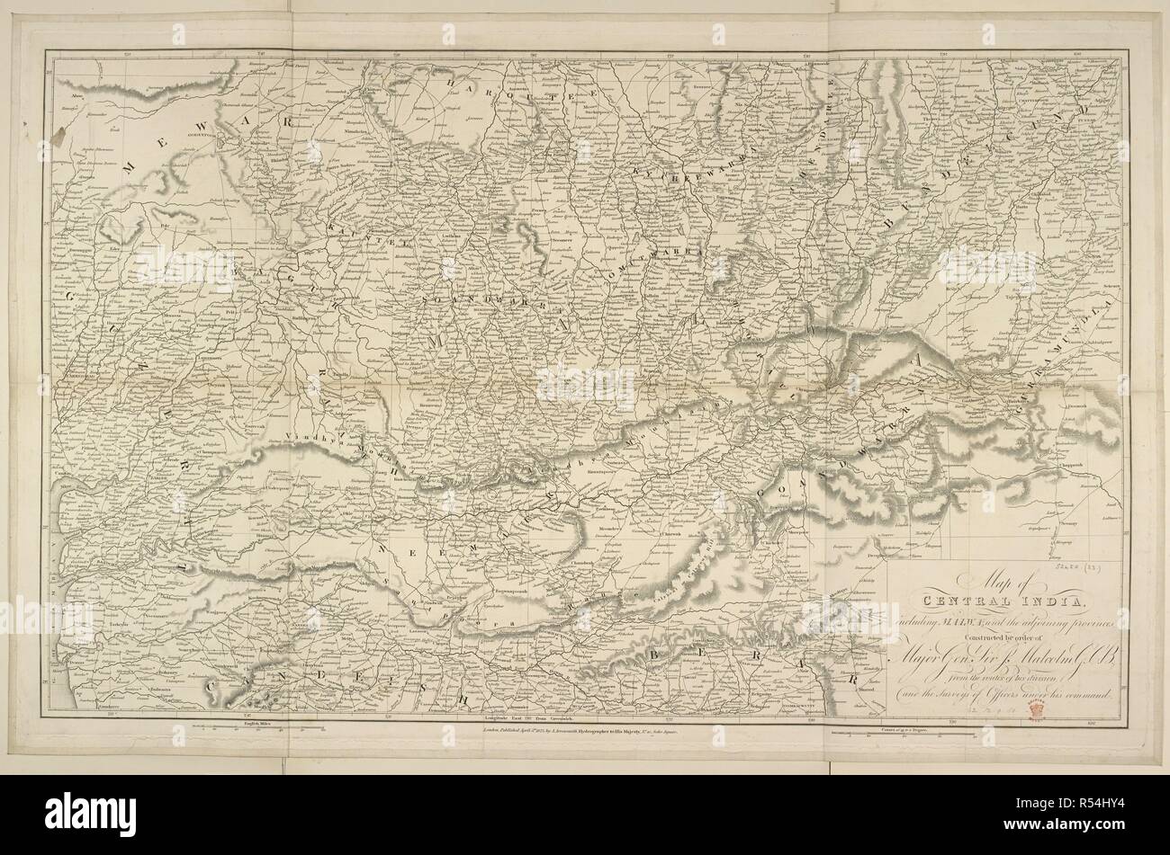 Una mappa di India Centrale. Mappa di India centrale, compresi Malwa e delle province limitrofe. Costruito per ordine del Maggiore Generale Sir J. Malcolm dalle strade della sua divisione e le indagini di ufficiali sotto il suo comando. Londra : A. Arrowsmith, 1823. Fonte: Mappe 52450.(23). Lingua: Inglese. Foto Stock