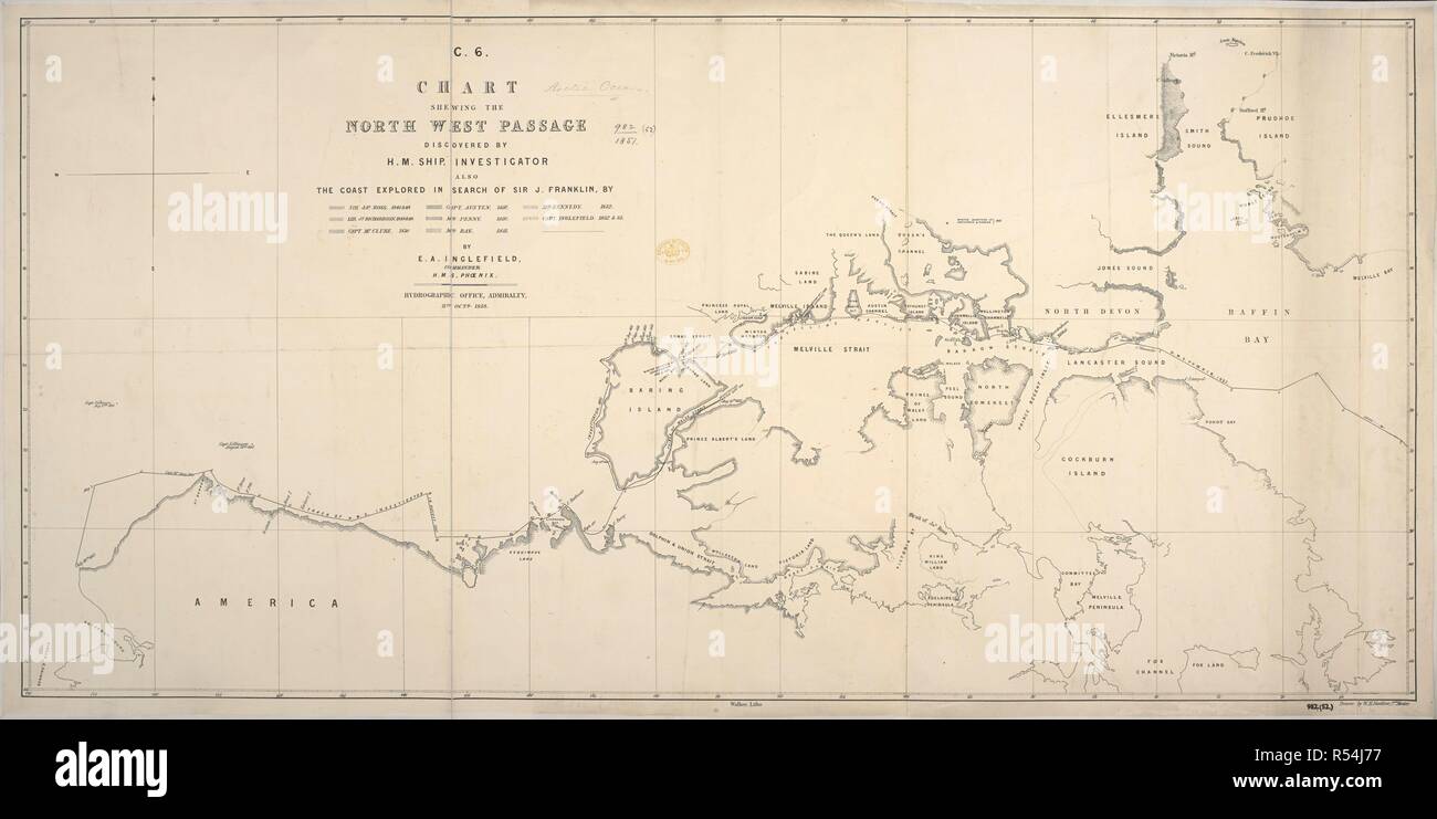 'Grafico annunziando il passaggio a nord-ovest scoperto da Capt. R. Le M. M'Clure ..." . [Grafico annunziando il passaggio a nord-ovest scoperto da Capt. R. Le M. M'Clure ... Anche tho costa esplorato in cerca di Sir J. Franklin, da Sir J. Ross, 1848-49; Sir J. Richardson, 1848-49; Capt. M'Clure, 1850; Capt. Austen, 1850; il sig. Penny, 1850; il sig. Rae, 1851; il sig. Kennedy & M. Bellot, 1852; Capt. Inglefield, 1852-53; Capt. Sir E. Belcher, 1852-53. Da E. A. Inglefield]. Londra, 1853. Fonte: maps.982.(52). Foto Stock