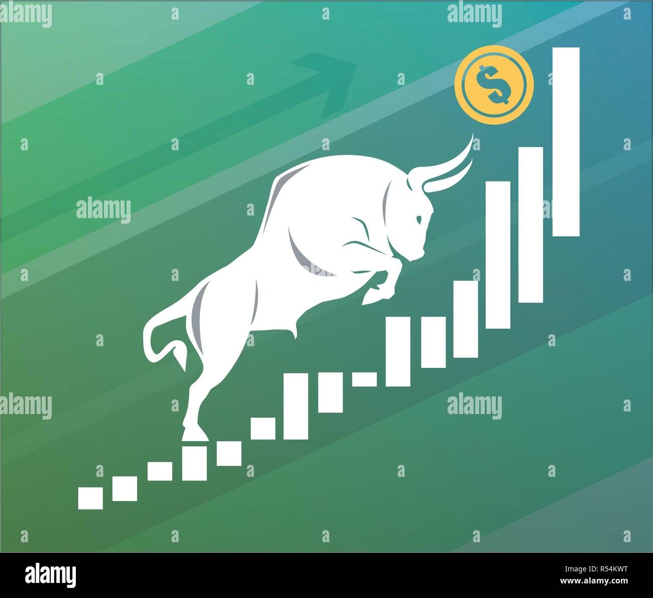 Bull si muove Dollar fino sul grafico, positivo valuta del mercato, sfondo verde Illustrazione Vettoriale