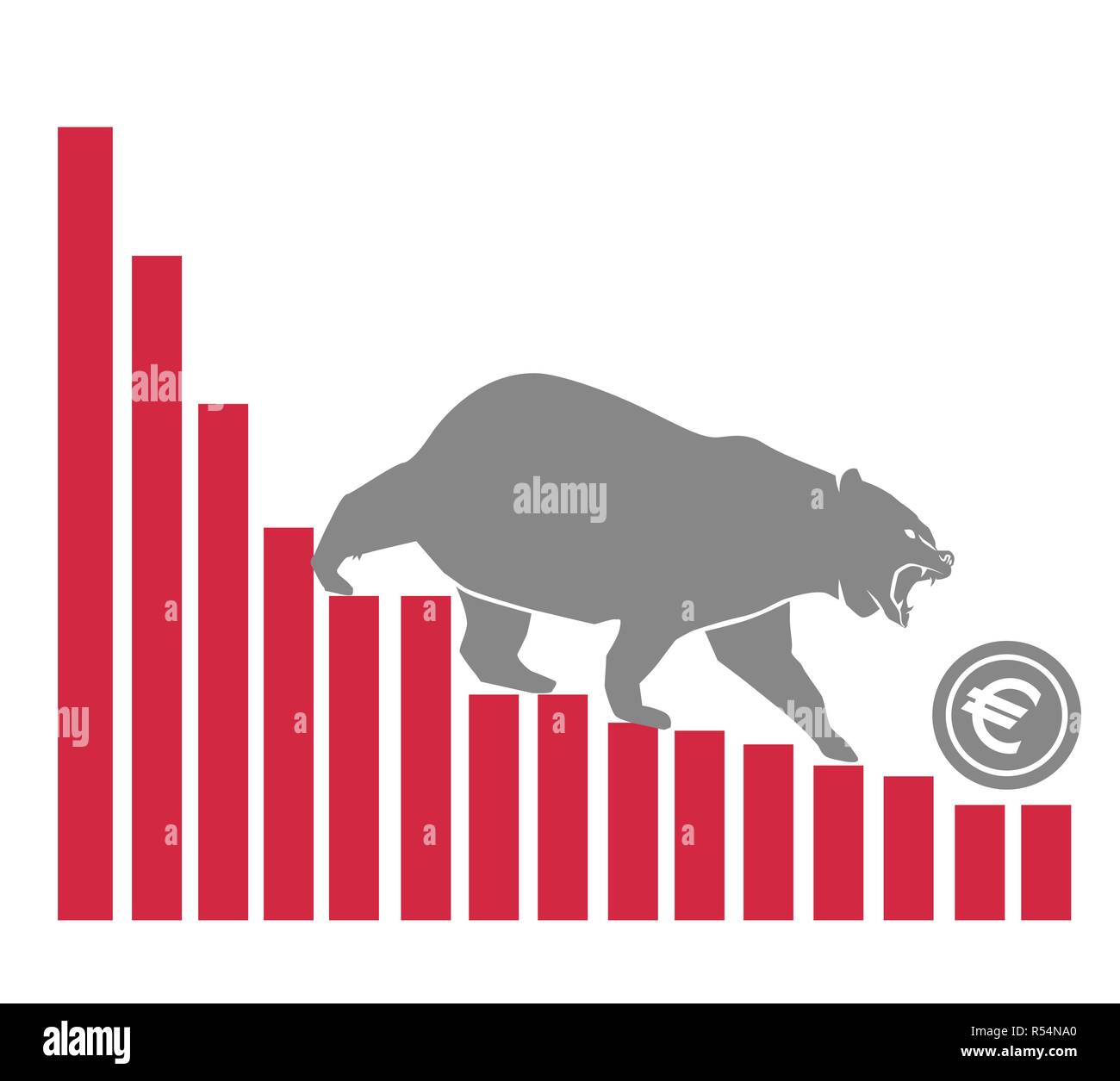 Orso Euro si sposta verso il basso sul grafico, negativo del mercato di valuta, sfondo bianco Illustrazione Vettoriale