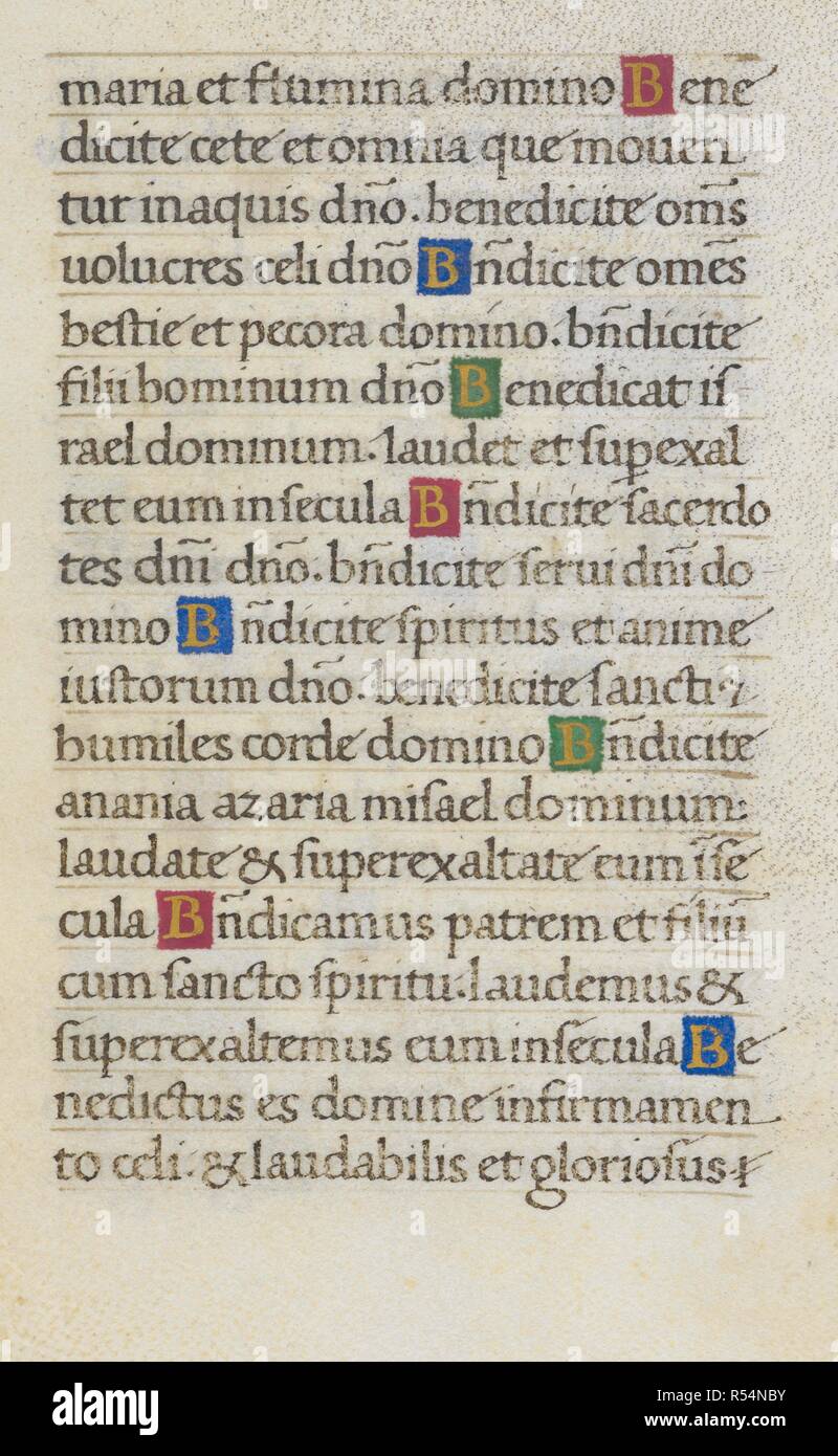 Pagina di testo; Benedicite. Mirandola ore. L'Italia, circa 1490-1499. (Intero folio) pagina di testo dalle ore della Vergine; il Benedicite, Daniel [3, 79-88] immagine presa da Mirandola ore. Originariamente pubblicato/prodotto in Italia, circa 1490-1499. Fonte: Aggiungi. 50002, f.24. Lingue: Latina. Foto Stock